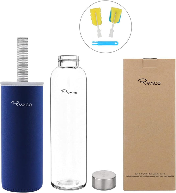 Ryaco Trinkflasche aus Glas 550ml/750ml/1000ml/1L,Glasflasche mit Neoprenhülle,Glastrinkflasche mit