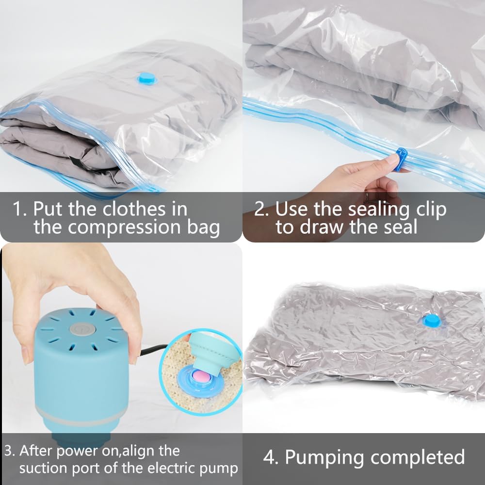 Vakuumbeutel mit Elektrische Pumpe, 10 Stück Vakuumbeutel Kleidung (3*40*60cm, 3*60*80cm, 3*80*100cm