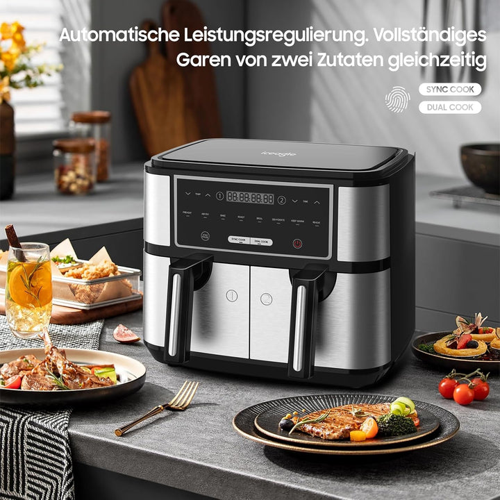 Iceagle Dual Zone Heissluftfritteuse Doppelkammer 10L - Heissluftfritteuse XXL Doppelt mit 8 Program