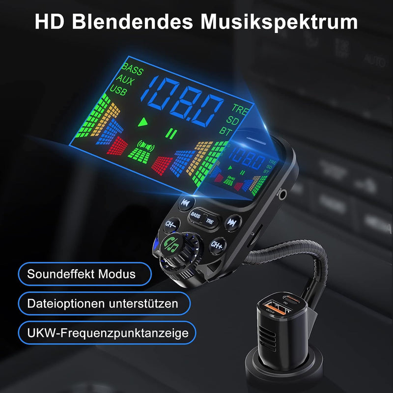 Bluetooth 5.3 FM Transmitter für Auto, SOARUN Bluetooth Adapter Auto QC3.0 & PD3.0 30W Dual USB Lade