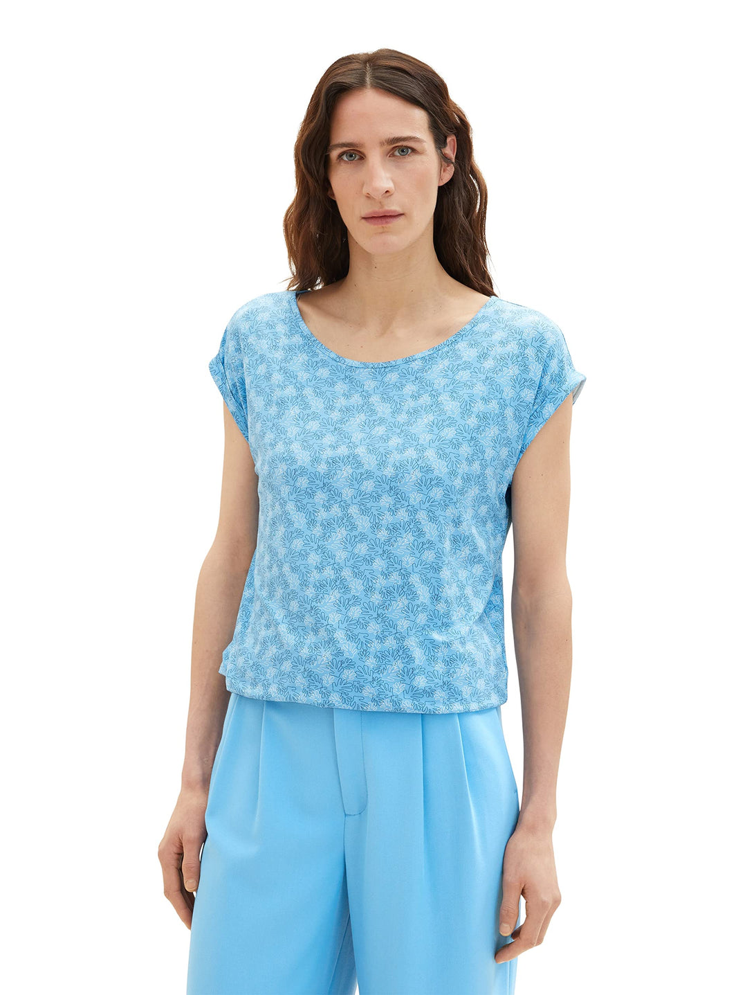 TOM TAILOR Damen T-Shirt mit Muster L 32819 - Blue Overlayed Leaf Design, L 32819 - Blue Overlayed L