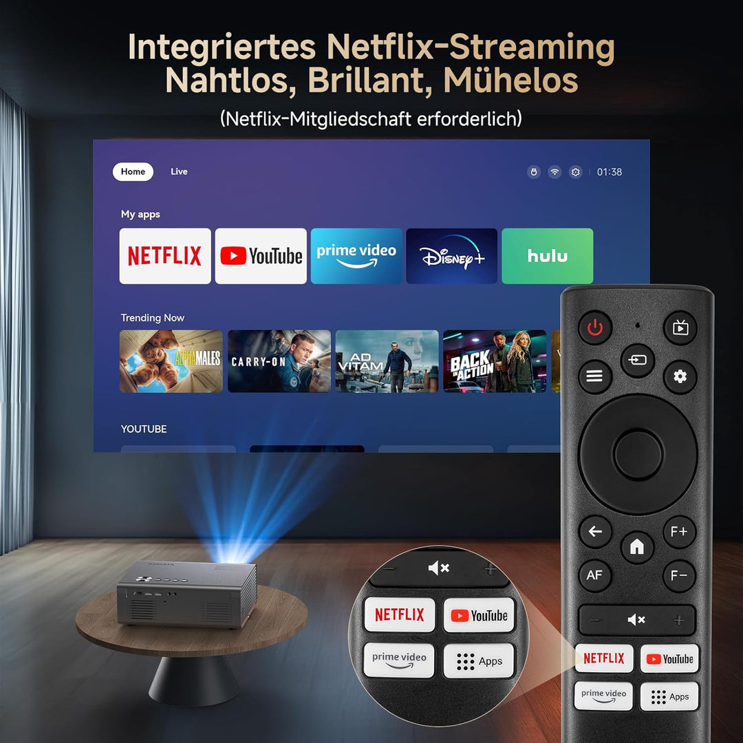 4K Smart Beamer mit integrierter Netflix-App, Kinoähnlichem Sound & HDR | KOGATA Auto-Fokus, 6D Keys