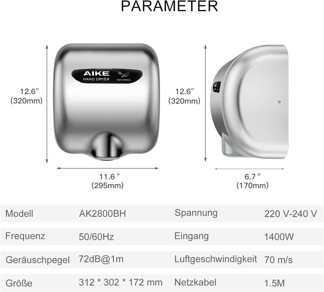 AIKE AK2800B ECO Händetrockner - elektrisch, aus gebürstetem Edelstahl mit Sensorautomatik und HEPA-