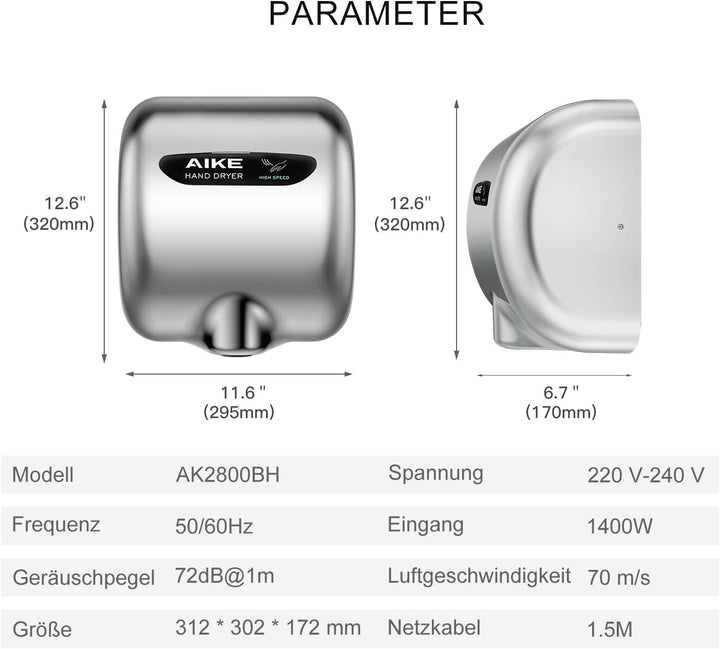 AIKE AK2800B ECO Händetrockner - elektrisch, aus gebürstetem Edelstahl mit Sensorautomatik und HEPA-