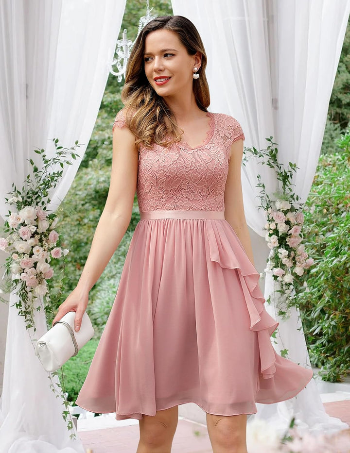 Wedtrend Cocktailkleid Damen Knielang Abendkleid Elegant für Hochzeit Elegant A Linie Rüschenkleid B