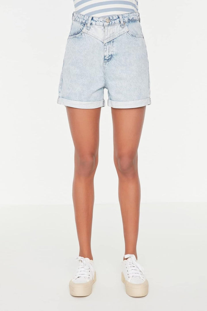 TRENDYOL Damen Farbe Blockierte Denim Shorts 38 Blau, 38 Blau