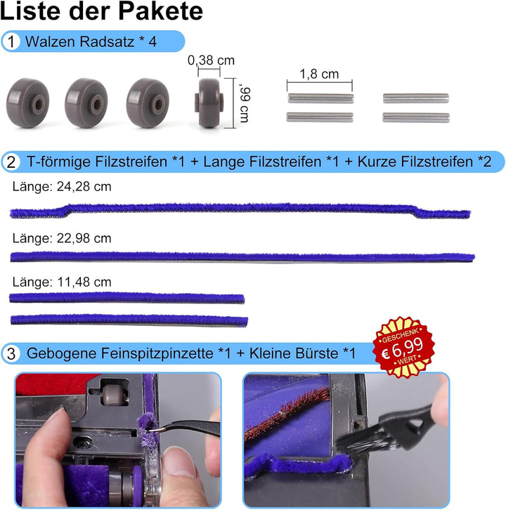 Weiche Plüschstreifen + Achsen + Rad Rollen Ersatz für Dyson V6 V7 V8 V10 V11 DC62 Staubsauger Ersat