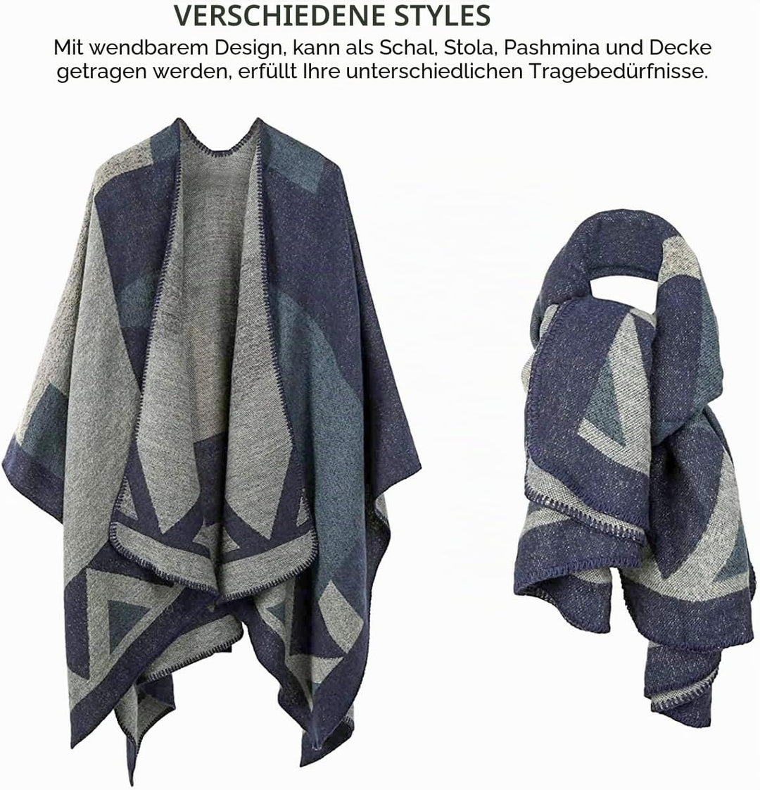 Shmily Girl - Damen Poncho Habe Gestrickt Überdimensionalen Decke Kap-Schal A - Marineblaue Blockfar