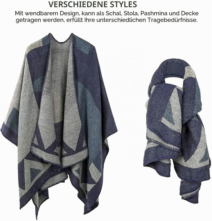 Shmily Girl - Damen Poncho Habe Gestrickt Überdimensionalen Decke Kap-Schal A - Marineblaue Blockfar