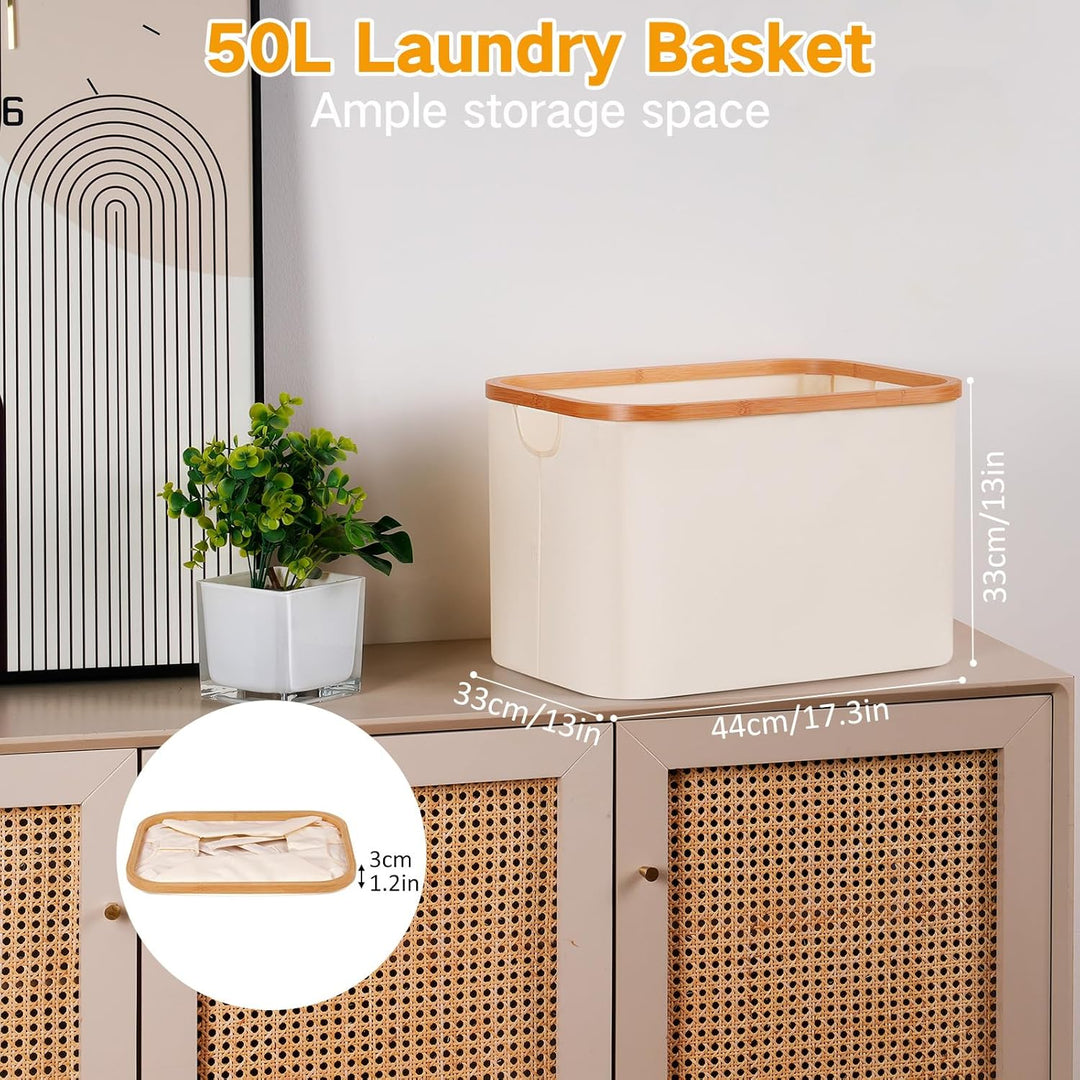 efluky Faltbarer Wäschekorb 50L, Bambus Stoff Faltbarer Storage Basket, Aufbewahrung Klappbar Wäsche