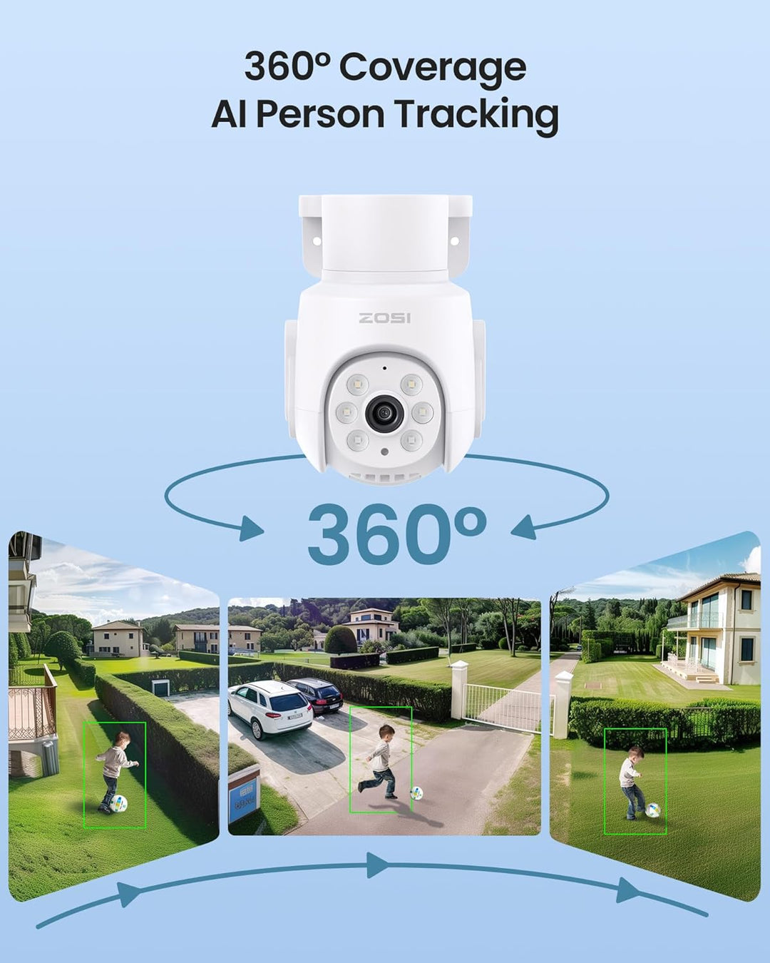 ZOSI 5MP WiFi 6 Überwachungskamera, 360° PT WLAN Zusatzkamera, KI Personen-/Fahrzeugerkennung, Farb-