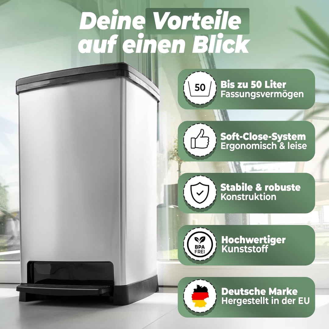 Novaliv 2x Grosser Mülleimer mit Deckel - 50L Tretmülleimer mit Soft-Close-System - Stabiler Abfalle