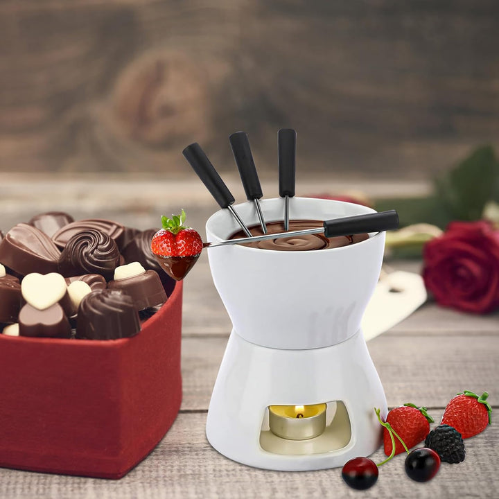 2 Stück Keramik Schokoladenfondue Set mit 8 Gabeln, Reines Weisses Porzellan-Schmelztopf für Schokol
