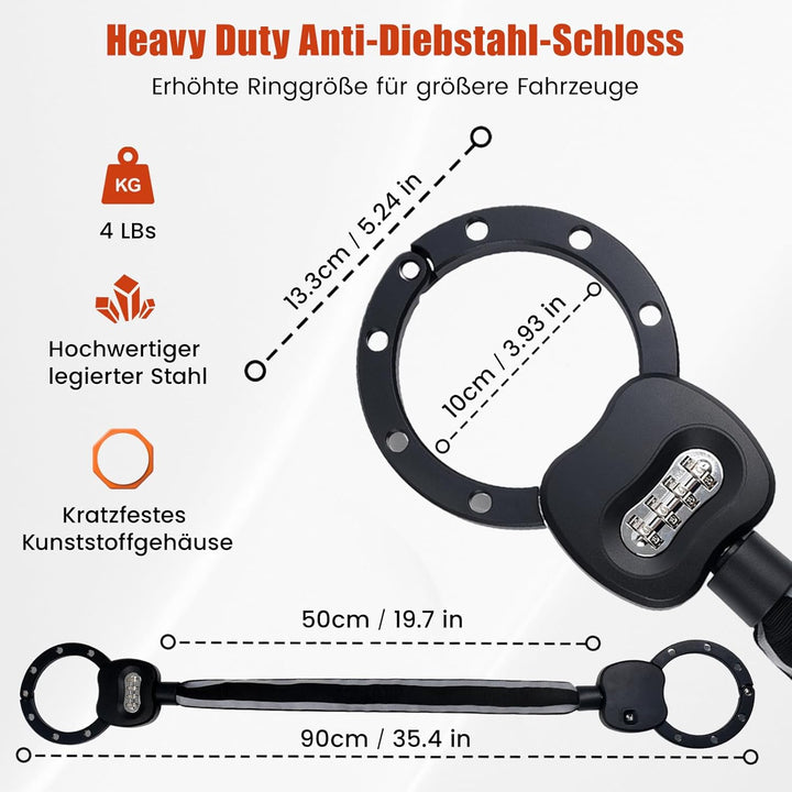 E Scooter Schloss, Handschellenschloss mit Zahlencode, 10CM Rundring, 1.8KG - Schweres Fahrradschlos