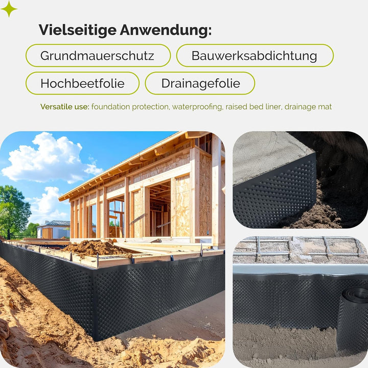 Garronda Noppenfolie Noppenbahn Drainagebahn HDPE 400g/m² 0,5x5 m GD-0160 Schwarz 0,5 x 5 m, Schwarz