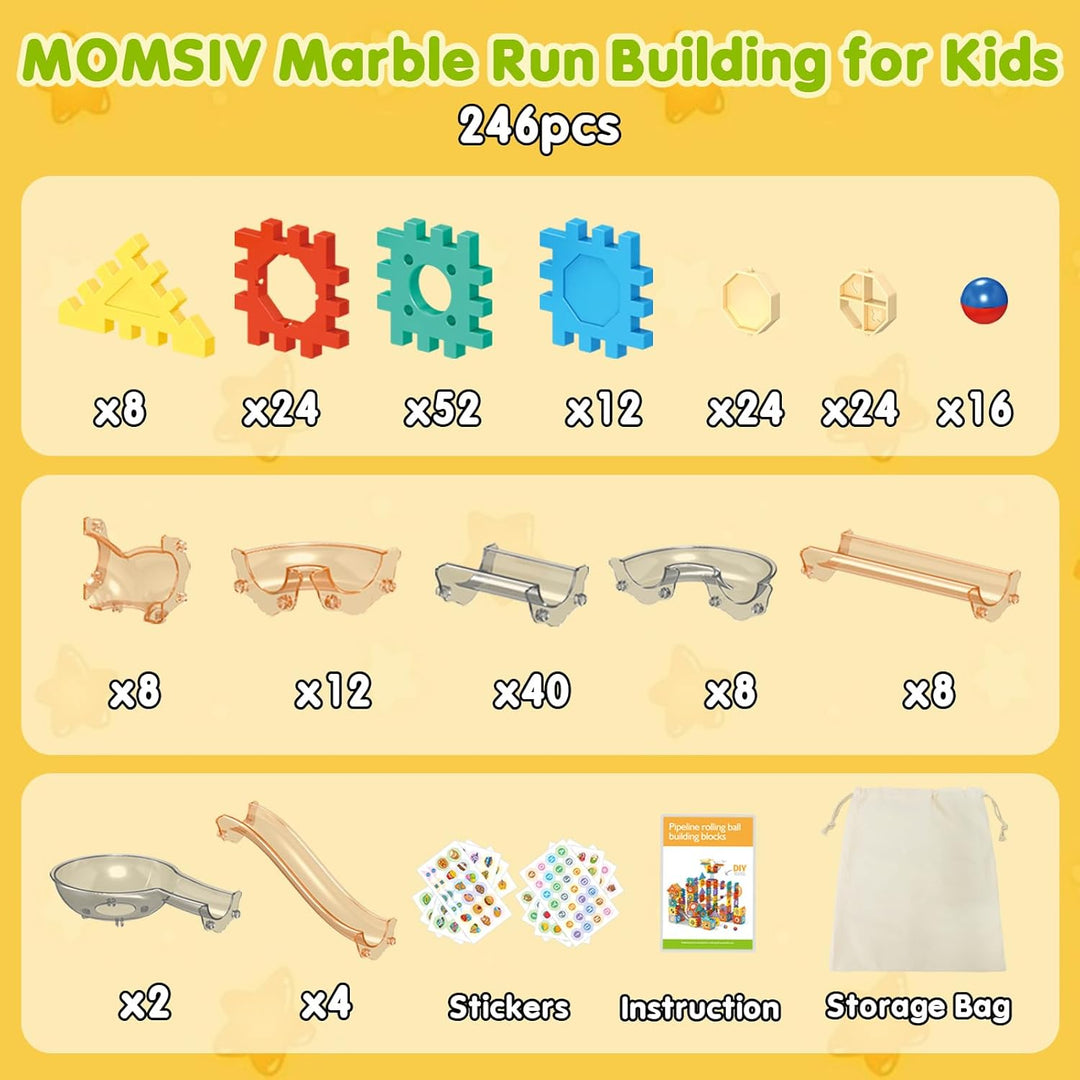 MOMSIV Murmelbahn 246pcs, Murmelbahn-Spielzeug für Kinder mit Plastikmurmeln und Aufbewahrungstasche