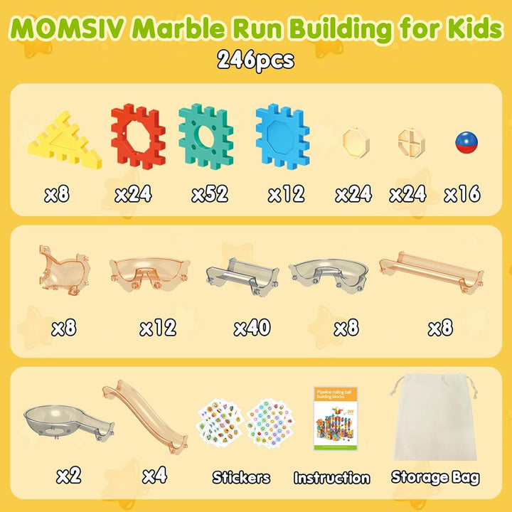 MOMSIV Murmelbahn 246pcs, Murmelbahn-Spielzeug für Kinder mit Plastikmurmeln und Aufbewahrungstasche