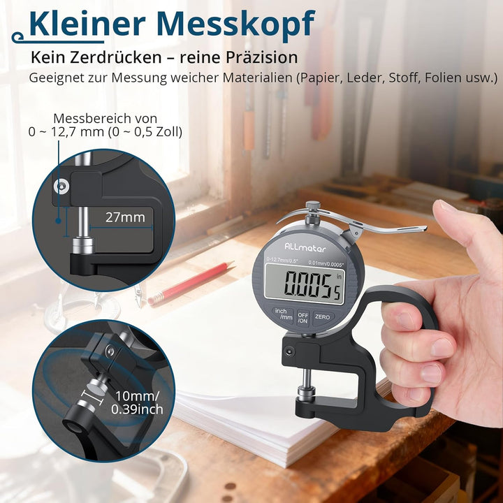 Digitales Dickenmessgerät 0–12,7 mm, 0,01 mm Auflösung, Präzises LCD-Display, Elektronisches Dickenm