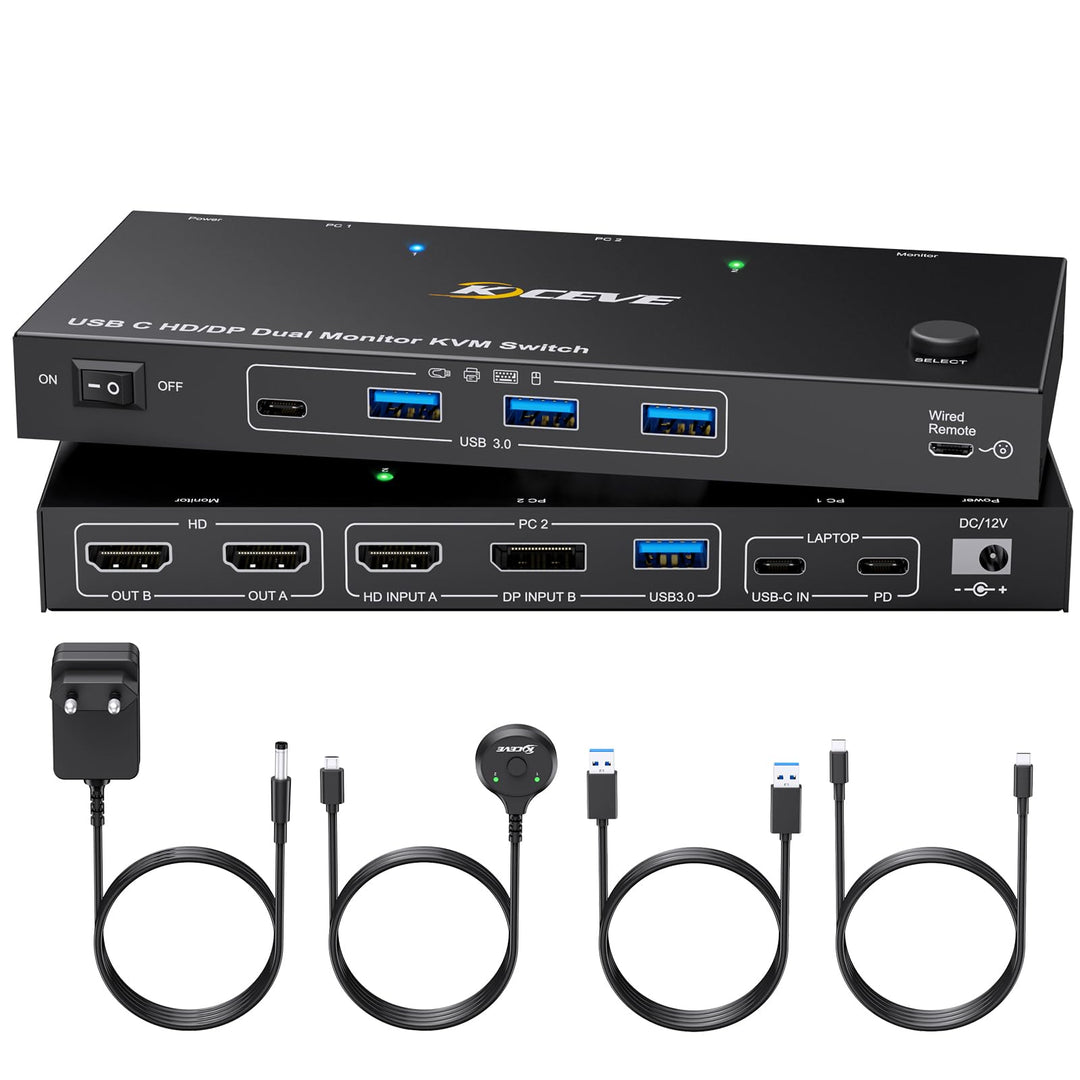 KVM Switch 2 PC 2 Monitore USB C, KVM Switch Dual Monitor for Laptop & PC, USB 3.0 MST Dual 4K@60Hz,