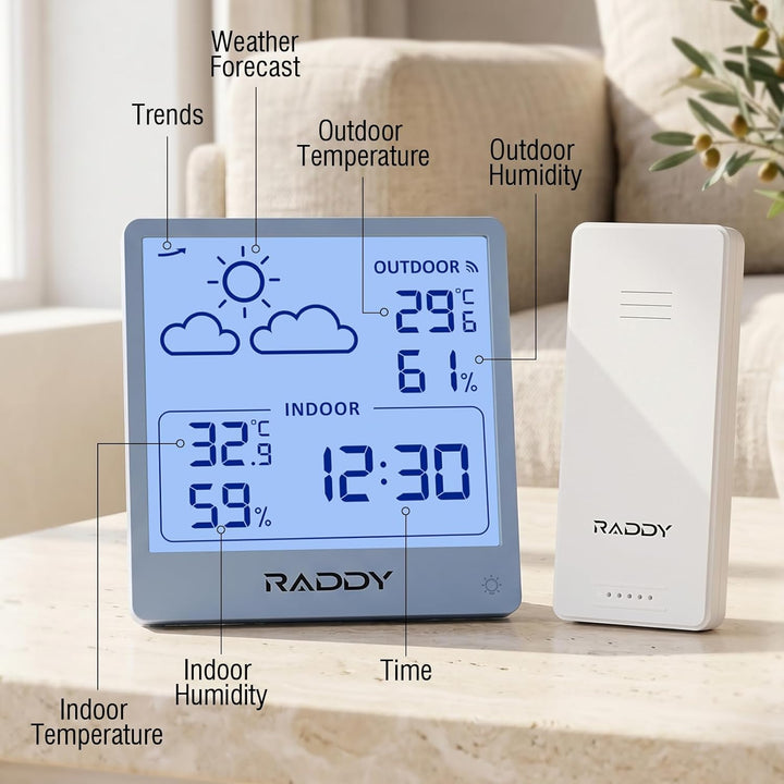 Raddy WF-50 Wetterstation Funk innen und aussen, batteriebetriebener Temperatur- und Luftfeuchtigkei