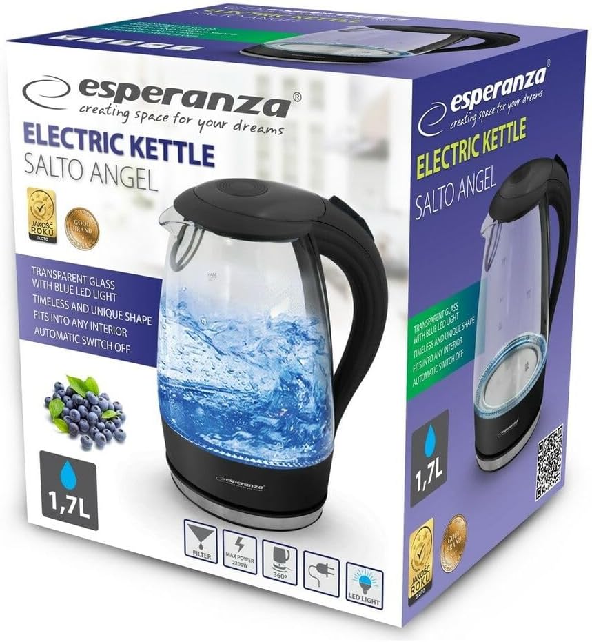 Elektrischer Wasserkocher Salto Angel 1,7L Glas Mit Led-Licht, Schwarz