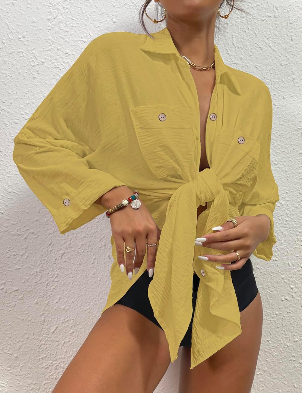 Bsubseach Badeanzug Coverup für Frauen Badeanzug Cover Up Button Down Shirt Kleider Swiss Dot Gelb S