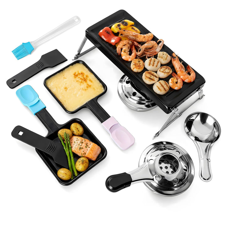 Tragbarer Mini Raclette Grill für 2 Personen, Antihaft Käse Schmelzer mit Grillplatte, 2 Brenner für