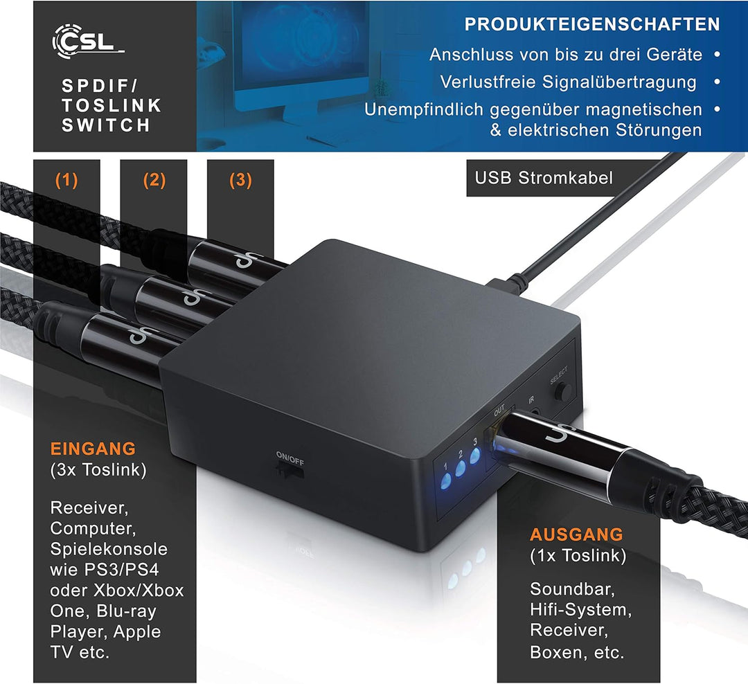CSL - Toslink 3x1 Switch SPDIF TOSLINK Audio Umschalter mit Fernbedienung - 1 zu 1 Übertragung - kom