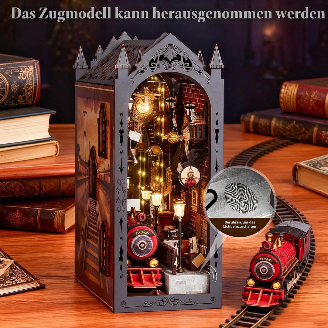 DIY Book Nook Kit, Magischer Bahnsteig Puppenhäuser Miniatur Haus Kit mit Staubschutzhülle LED-Licht