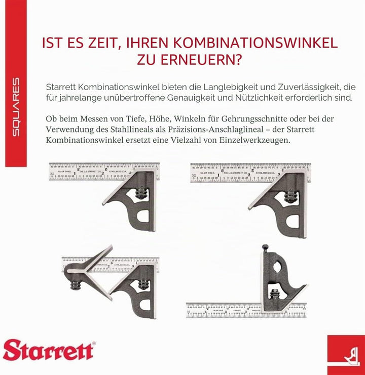 Starrett Stahl-Kombinationswinkel mit quadratischem Kopf – 30,5 cm Klingenlänge, Gusseisenkopf, gehä