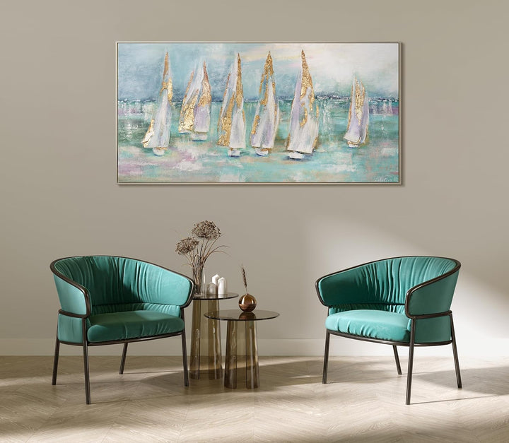 YS-Art Abstrakt Acryl Gemälde auf Leinwand handgemalt Segelboote Wandbilder Wohnzimmer moderne blaue
