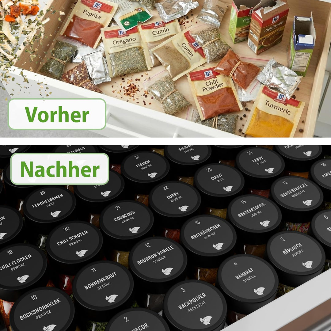 LAEVU Gewürzgläser Set Eckig | 24 Stk. 120ml - 10,5 x 4,5 cm | Gewürzstreuer Schwarz mit 350 Gewürze