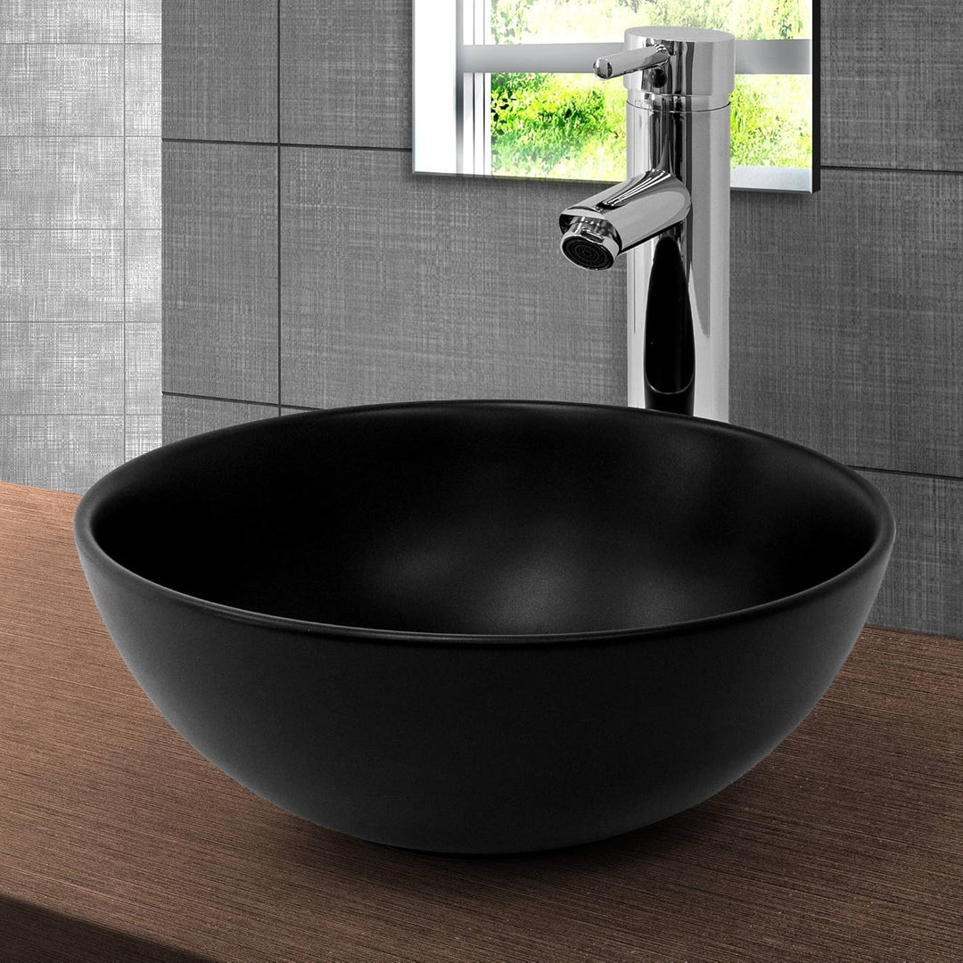 ML-Design Waschbecken aus Keramik in Schwarz matt Ø 32x13,5 cm Rund inkl. Ablaufgarnitur Silber, Mod