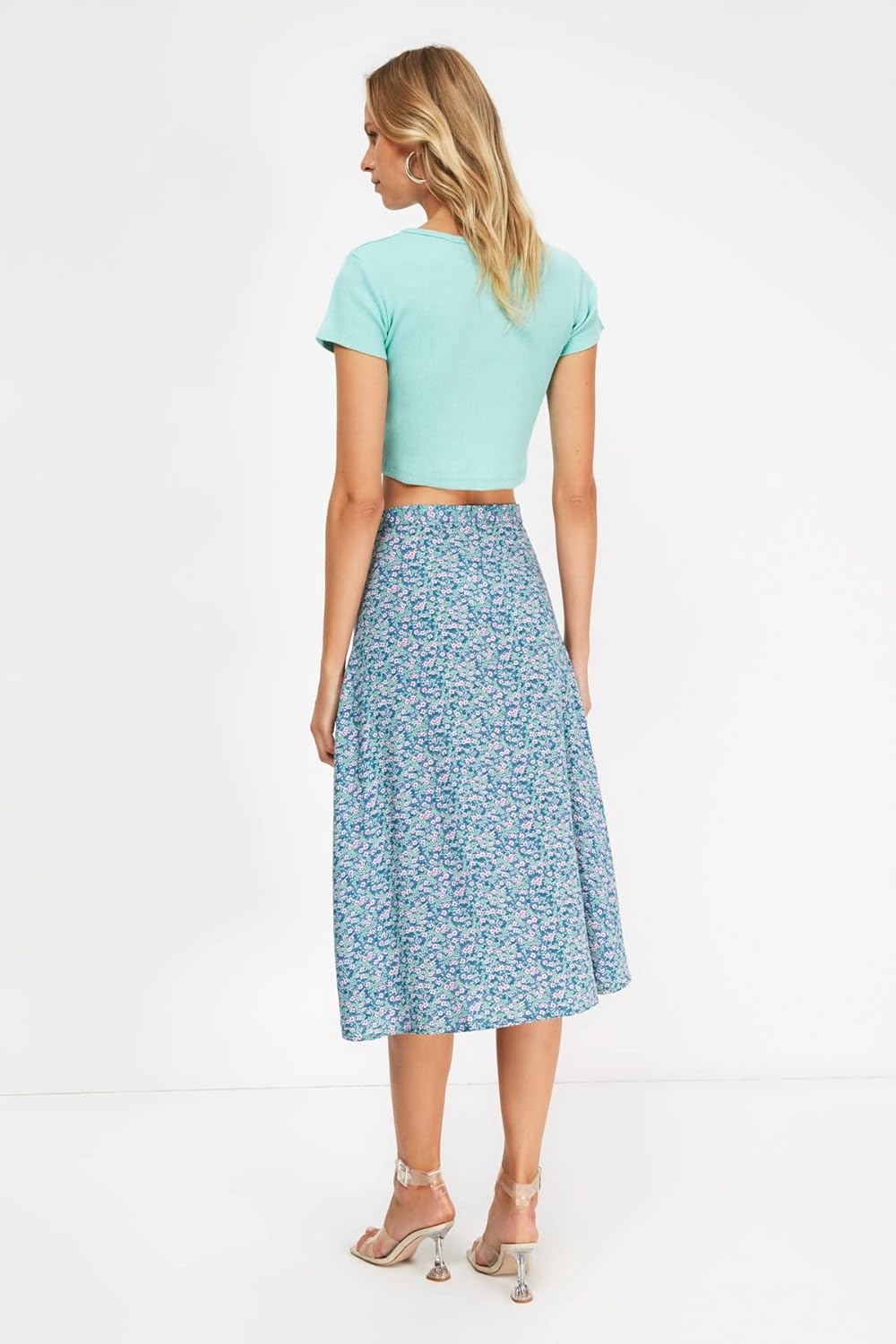TRENDYOL Frau Midi A-Linie A-Linie Webstoff Rock 38 Blau, 38 Blau