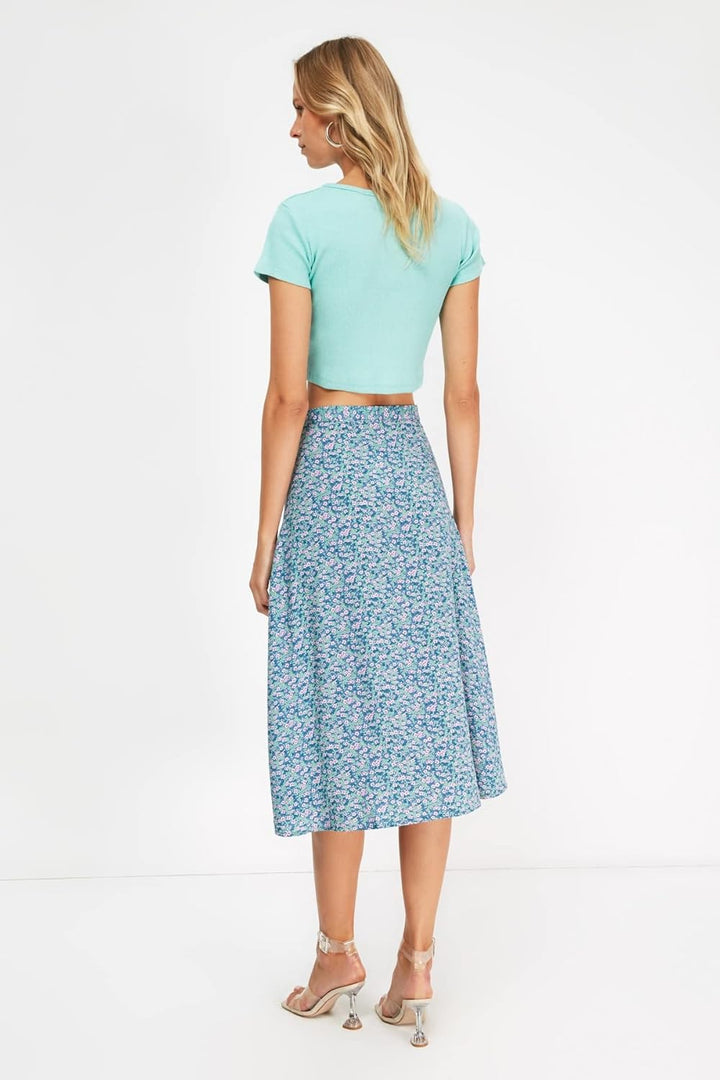TRENDYOL Frau Midi A-Linie A-Linie Webstoff Rock 38 Blau, 38 Blau
