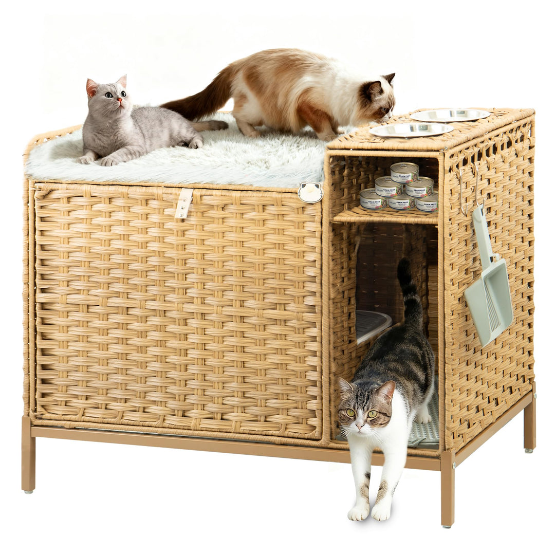 XXL Verstecktes Katzenklo Möbel mit Plüschkissen, 90x50x65cm Handgewebtes Rattan Katzenhaus, Stabil