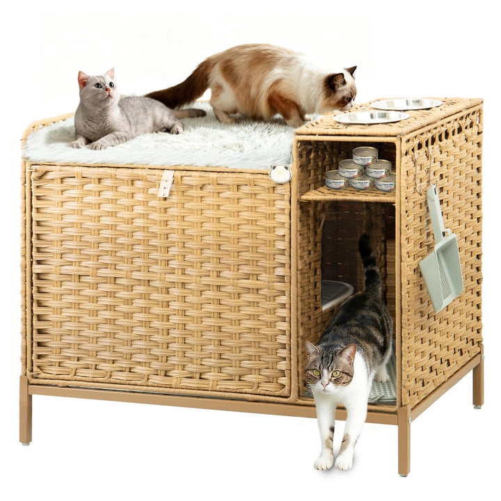 XXL Verstecktes Katzenklo Möbel mit Plüschkissen, 90x50x65cm Handgewebtes Rattan Katzenhaus, Stabil