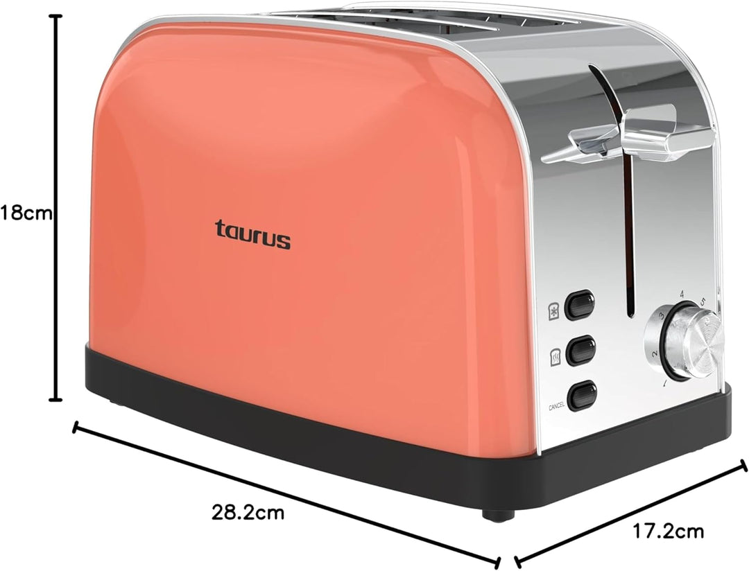 Taurus Retro Design II Toaster, Koralle, 950 W, 2 Schlitze 135 x 35 mm, 7 Stufen, 3 Funktionen, Gehä