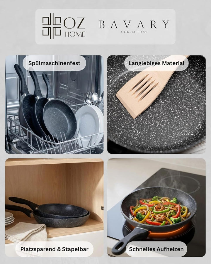 Bavary Bratpfannenset 3-teilig 20/24/28 cm – Granit Antihaftbeschichtung – PFOA & PTFE-frei – Gegoss