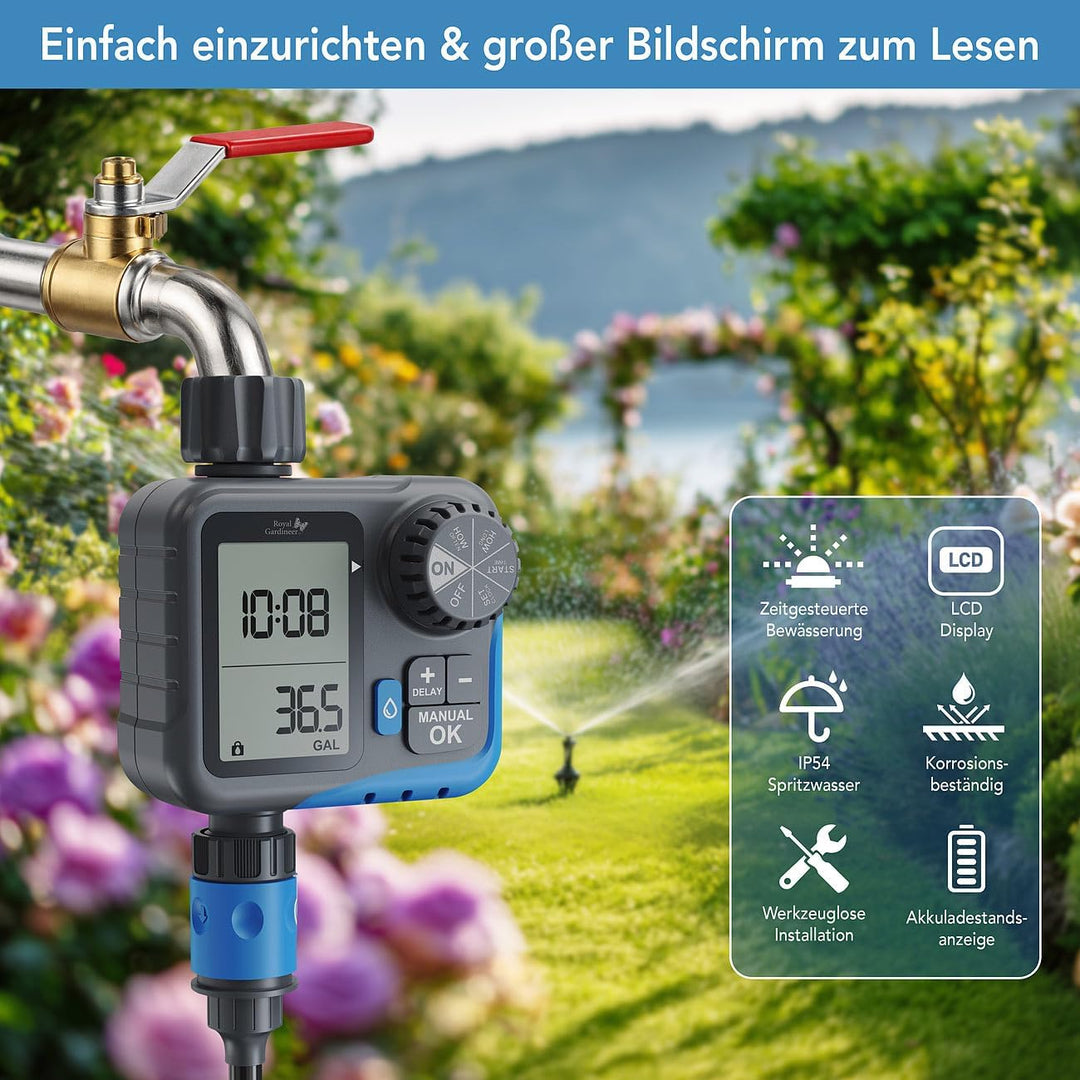 Royal Gardineer Garten Bewässerungsuhr: Digitaler 2in1-Bewässerungscomputer und -Wasserzähler, 3/4"-