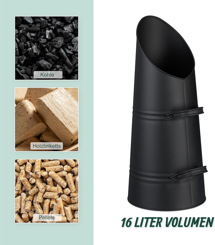 Relaxdays Kohlenschütte, 16 Liter, Eisen, Kohleeimer mit 2 Griffen, Pelletschütte zum Nachfüllen, Ka