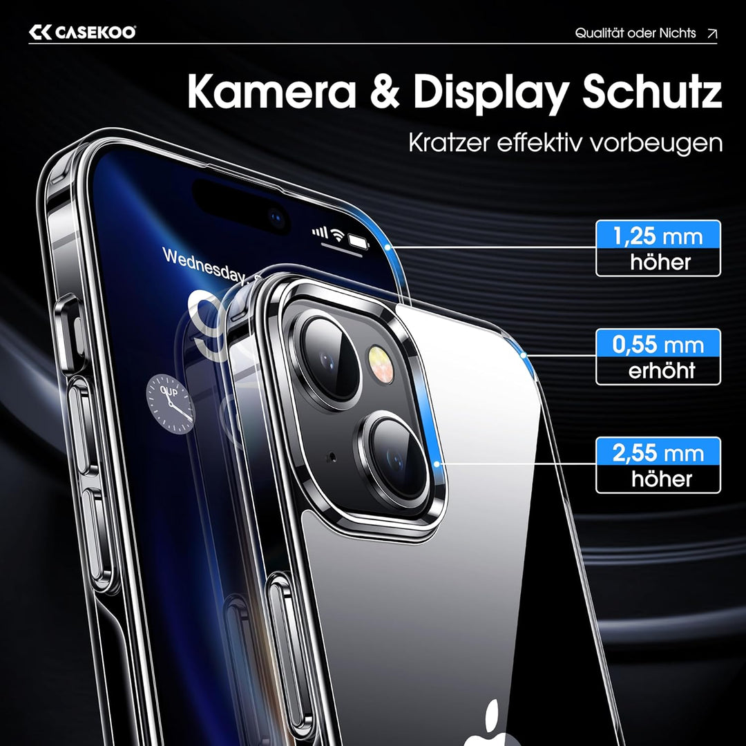 CASEKOO Crystal Clear für iPhone 15 Hülle, [Nie Vergilbung] [Unzerstörbarer Militärschutz] Stossfest