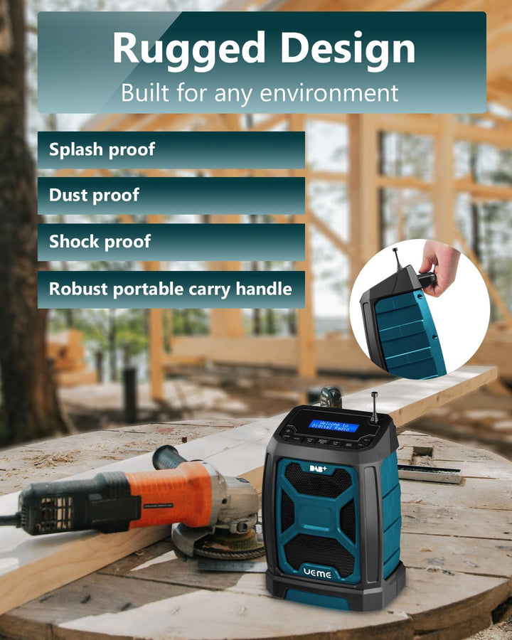Baustellenradio DAB Mit Akku Aufladbar (6000mAh), DAB+, FM Radio, Bluetooth 5.0, Dual Radiowecker, A