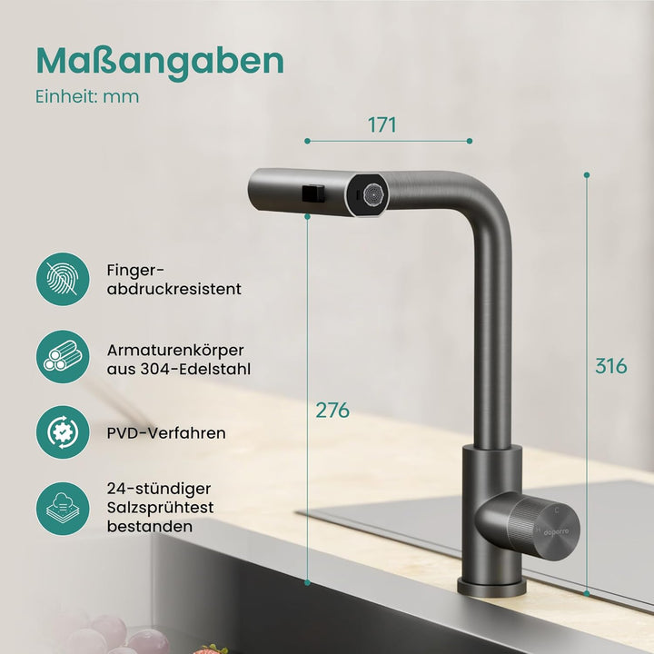 Mai &amp; Mai Wasserhahn Küche Küchenarmatur mit Brause Ausziehbar, Küchenwasserhahn 360°Schwenkbar 3 Sp