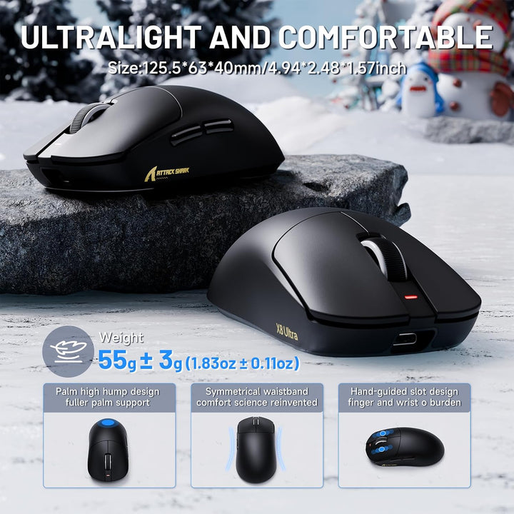 ATTACK SHARK X8 Ultra 8KHz Drahtlose Gaming-Maus, 55g Ultraleicht, Nordic52840, PAW3950MAX, 42KDPI,