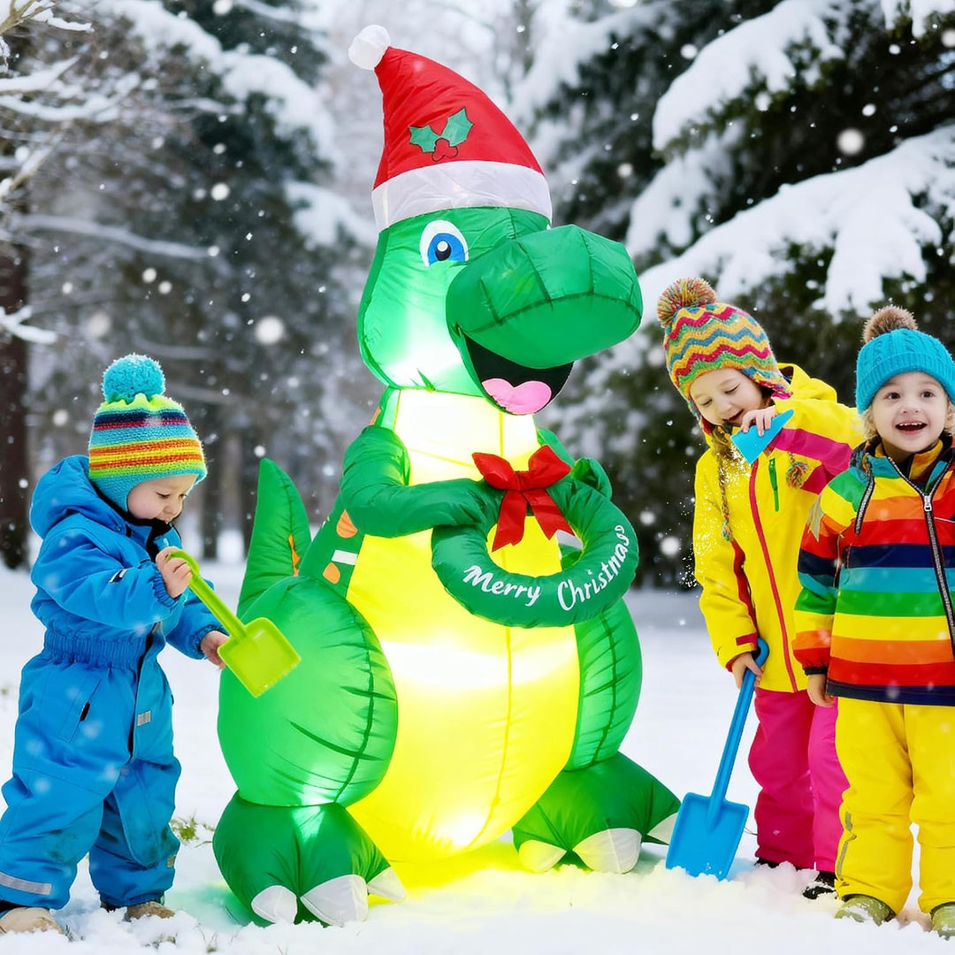 Ycolnaefllr 152 cm Weihnachtsdekoration aufblasbarer Dinosaurier, grüner Dinosaurier mit Weihnachtsm