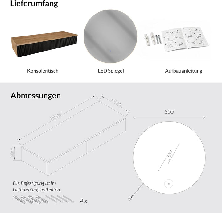 Planetmöbel Flur Garderobe Set Konsolentisch 100 cm inkl. Spiegel mit Beleuchtung rund (ohne Rahmen)