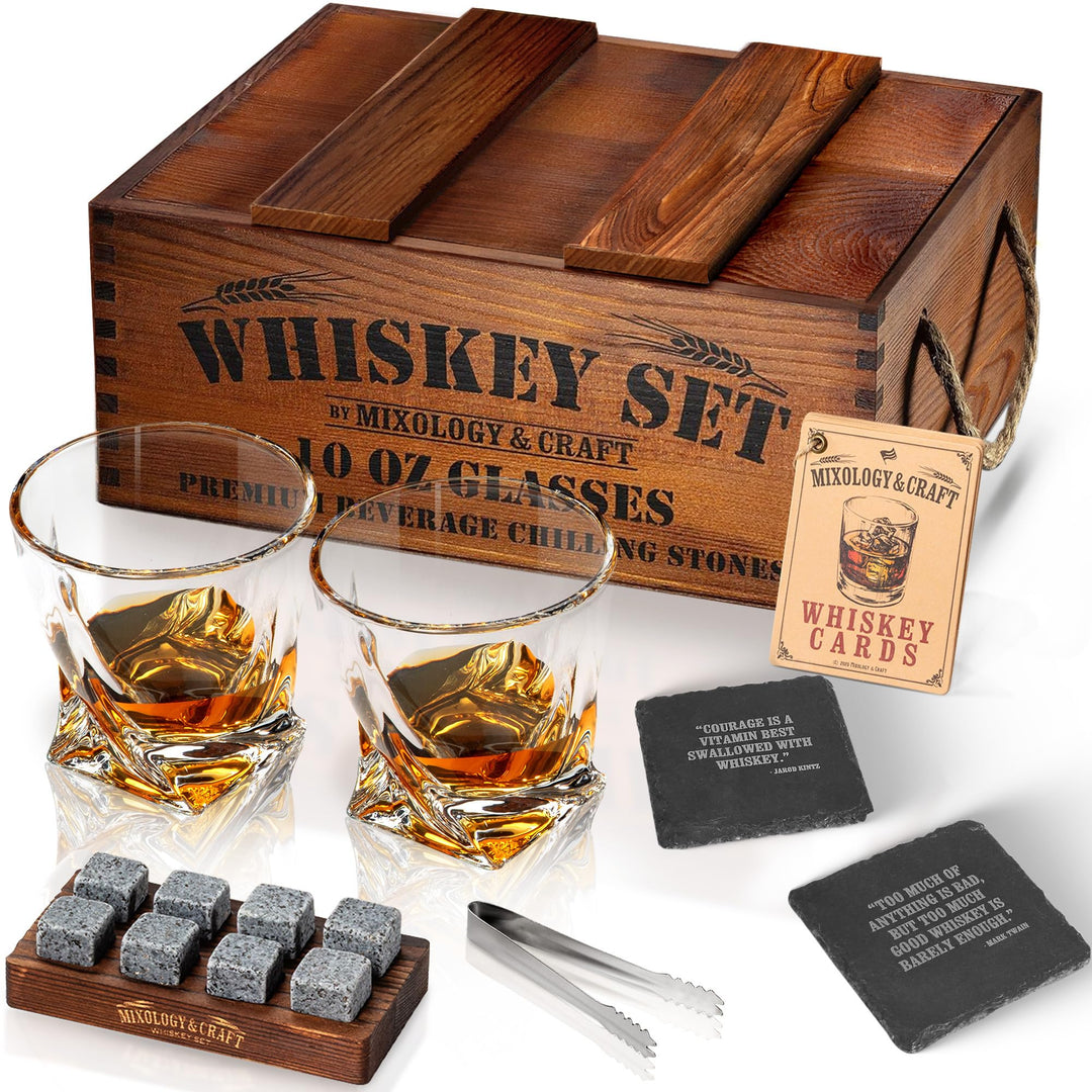 Mixology &amp; Craft Whisky Gläser Geschenkset für Männer &amp; Frauen - 2 Whiskey Gläser, 8 Whisky Steine,