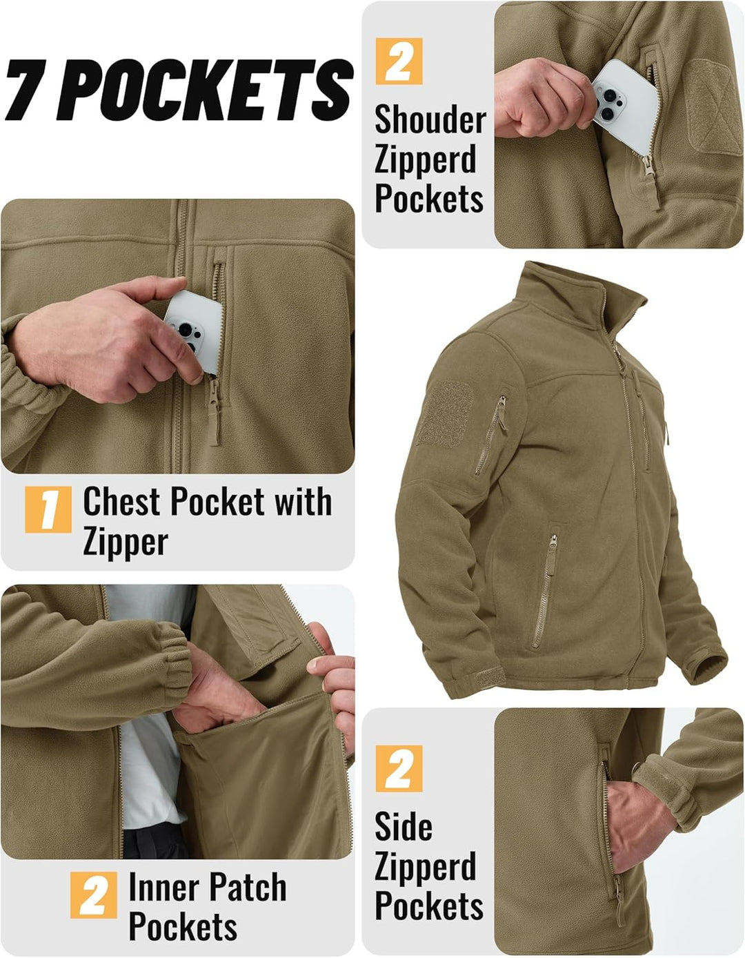 TACVASEN Herren Militär Outdoor Fleecejacke Warme Taktische Jacke Fleece Jacket XL Khaki, XL Khaki