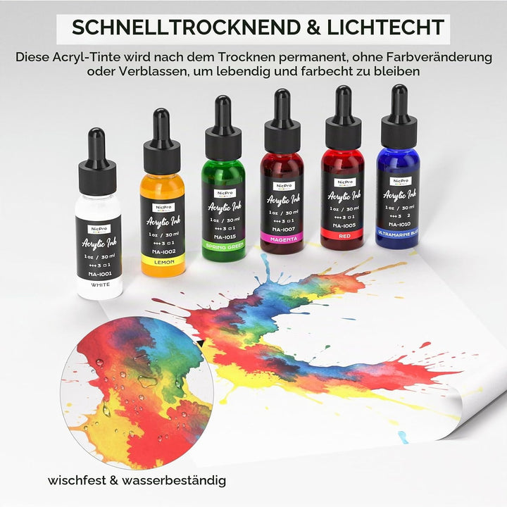 Nicpro 18 Farben Acrylic Ink Set, 30 ml Flasche mit Tropfer, Flüssige Acryltinte Schnell Trocknende,